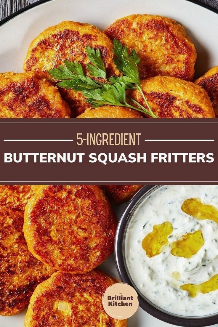 a white plate topped with fried butternut squash fritters next to a bowl of ranch dressing