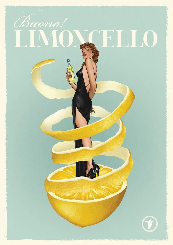 a woman in a black dress holding a bottle and some lemon slices with the words limooncello on it