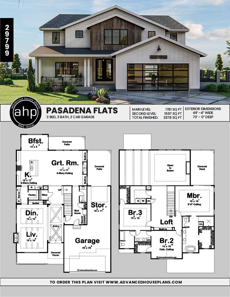 two story house plan with three car garages and an open floor plan for the first level