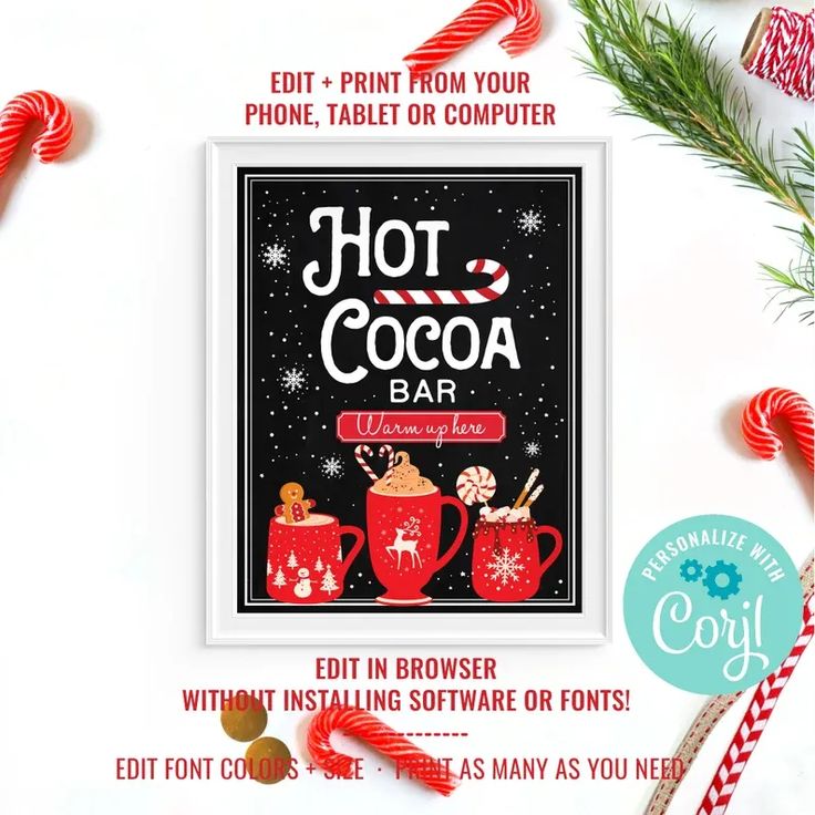 the hot cocoa bar sign is surrounded by candy canes