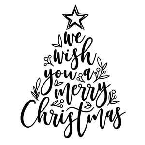 a christmas tree with the words we wish you a merry christmas written in black ink