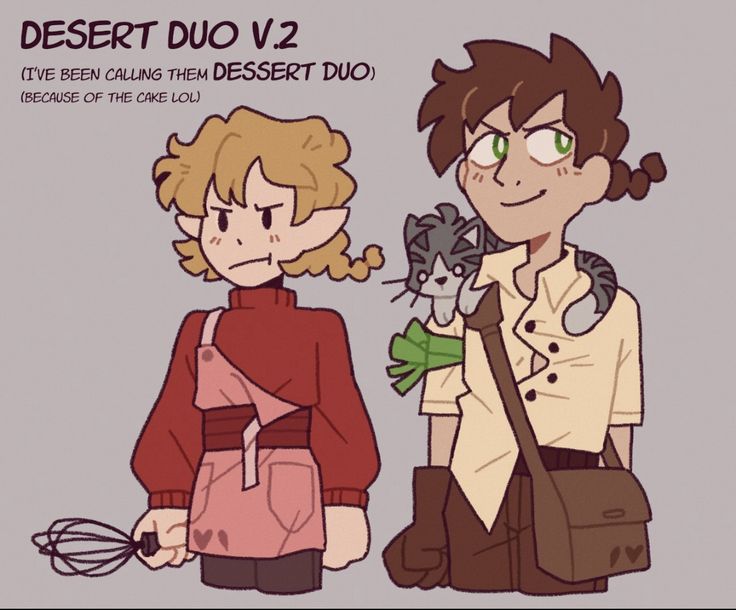 two people standing next to each other with the words desert duo v2 on them