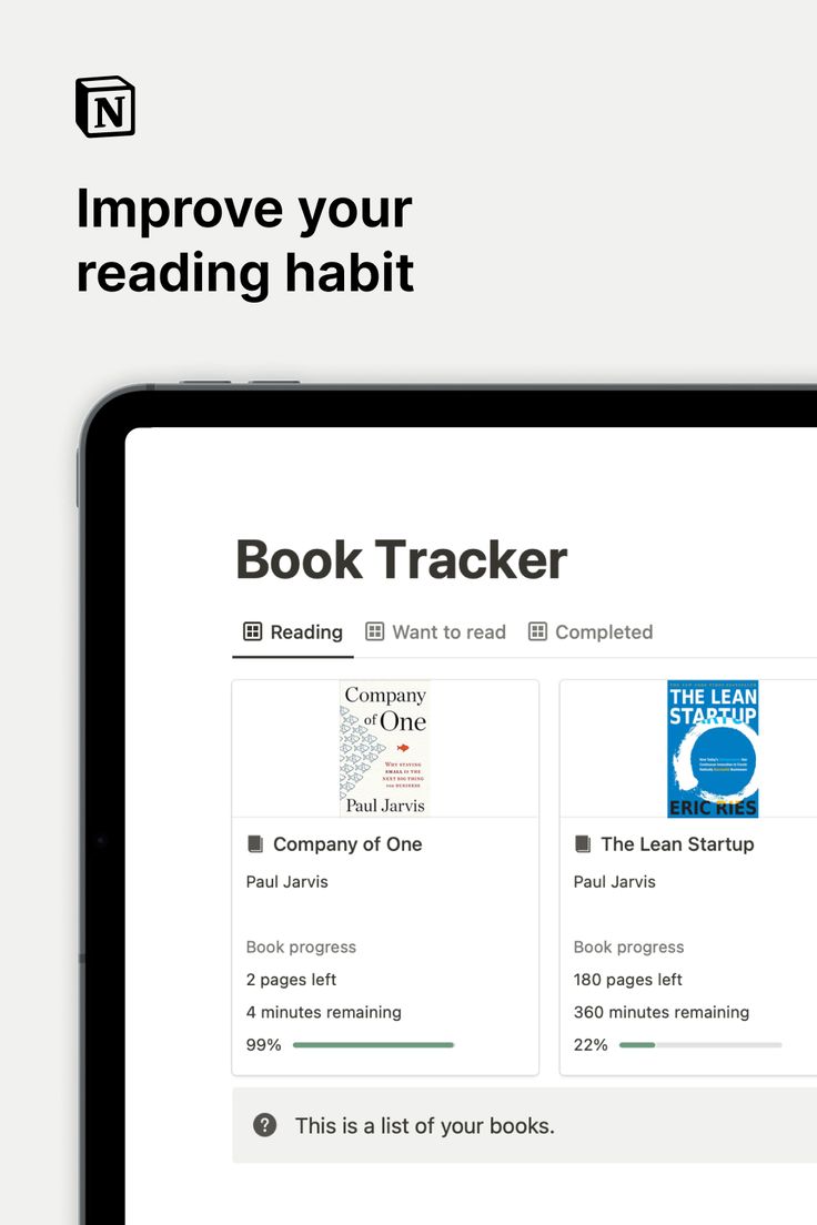 the book tracker app on an ipad with text reading, improve your reading habitt