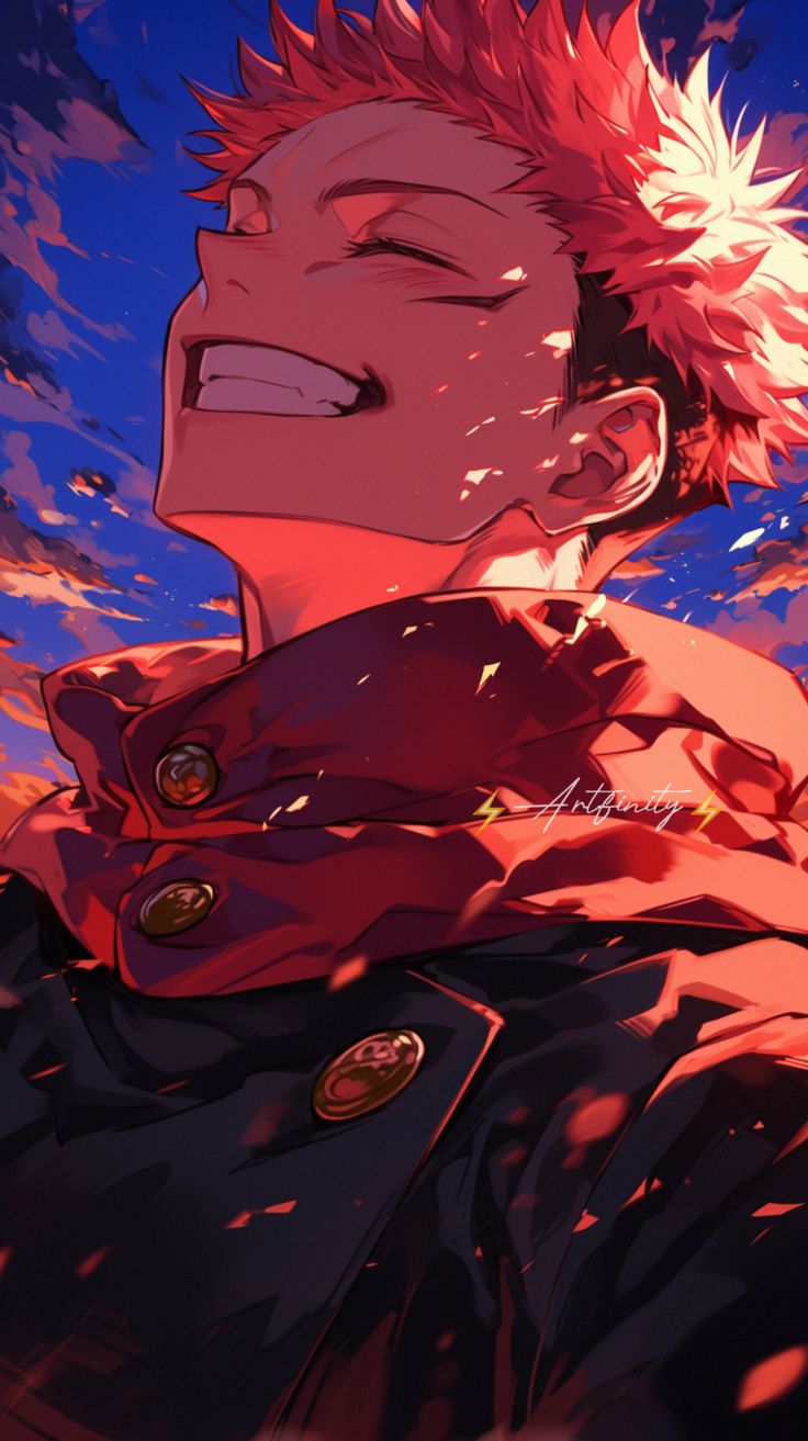 an anime character with red hair smiling and looking up at the sky in front of him