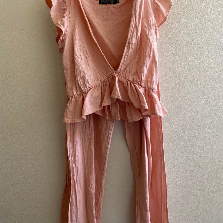 Summer Two-Piece Tender Pink Jumpsuit, Crop Top With A V-Neckline And Butterfly Sleeves. Matching High-Waisted Trousers With Open Pant Legs *No Tags. Washed But Never Worn* Fitted V-neck Summer Sleepwear, Fitted V-neck Sets For Day Out, Feminine V-neck Sets For Summer, Feminine V-neck Summer Sets, Casual Pink Pant Set For Spring, Chic Short Sleeve Spring Sleepwear, V-neck Sets For Spring Brunch, Casual Pink V-neck Sets, Spring Brunch V-neck Sets