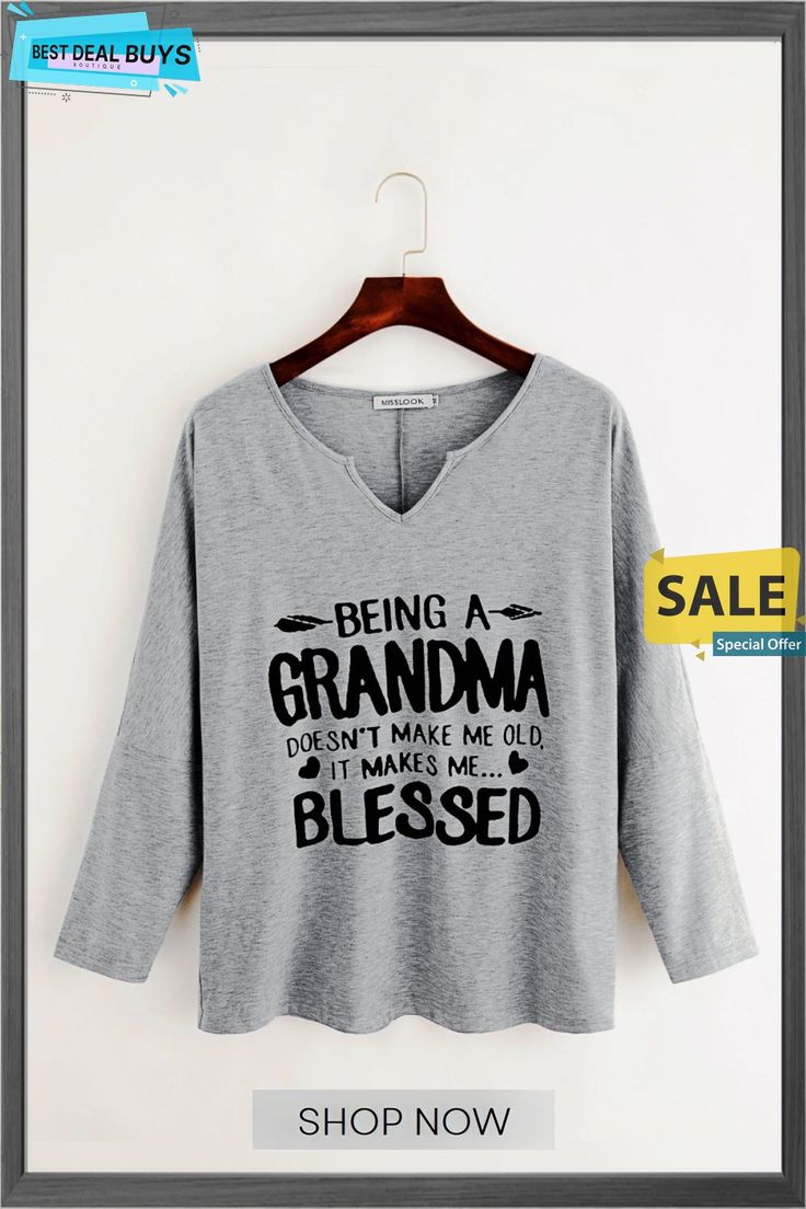 Casual Long Sleeve Printed Top T-shirt Casual V-neck Tops With Text Print, Gray V-neck T-shirt With Graphic Print, Cotton V-neck Top With Letter Print, Gray Text Print T-shirt For Spring, Long Sleeve Cotton T-shirt With Lettering, Spring Gray T-shirt With Letter Print, Gray Cotton Slogan Top, Spring Gray Letter Print T-shirt, Spring Crew Neck T-shirt With Quote Print