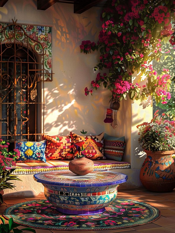 the sun shines brightly on an outdoor area with potted plants and colorful rugs