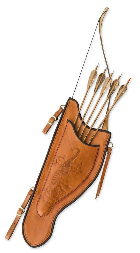 an arrow case with arrows in it on a white background, the bow is ready to be shot