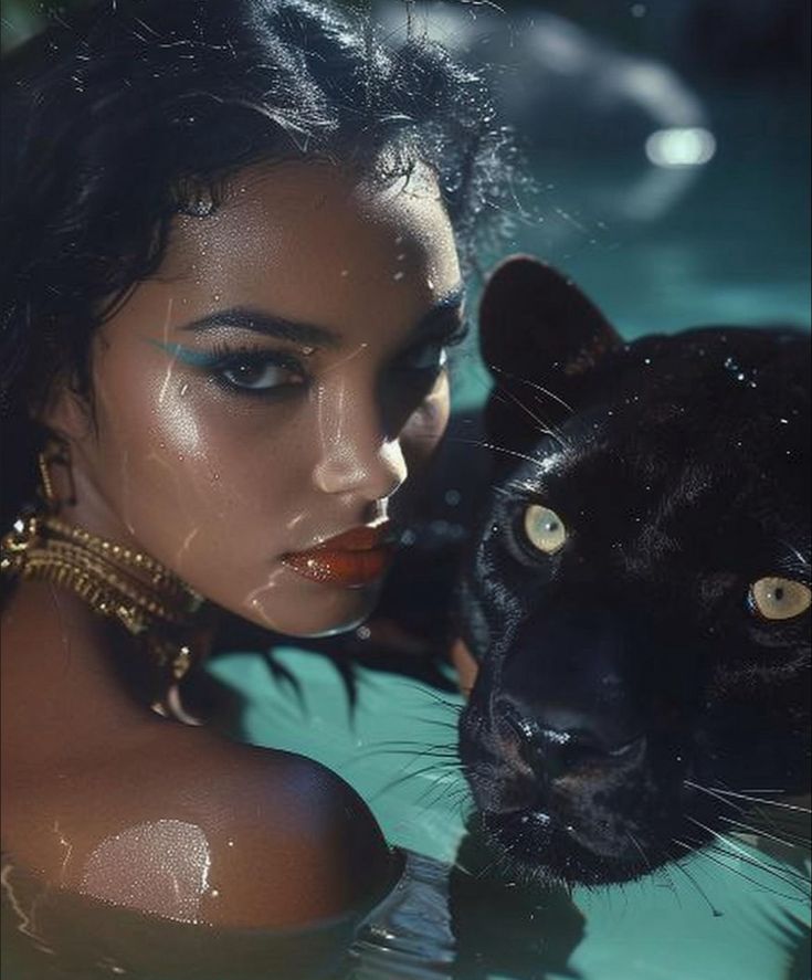 a woman in a pool with a black cat on her shoulder and the other side of her face