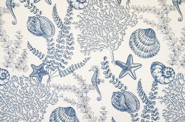 a blue and white wallpaper with sea animals, plants and seashells on it