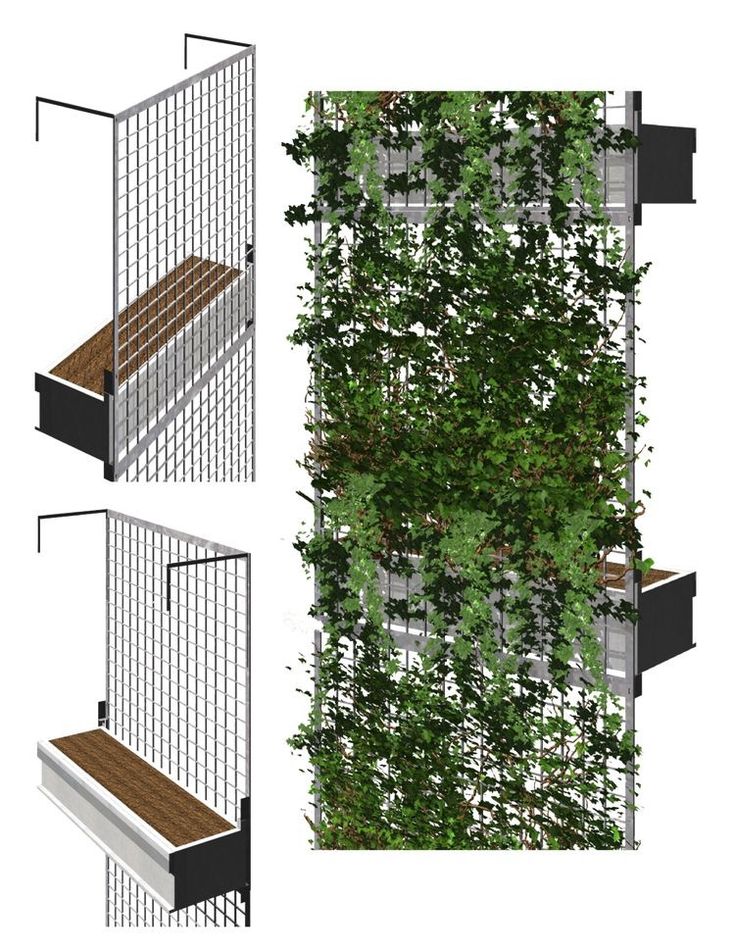 three different views of a fence with plants growing on it