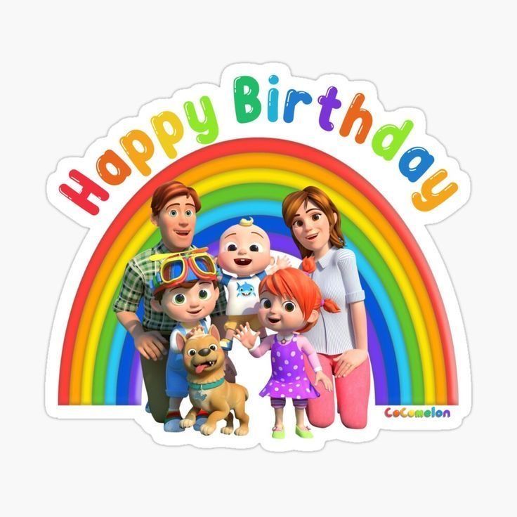 the family is standing in front of a rainbow sticker that says, happy birthday