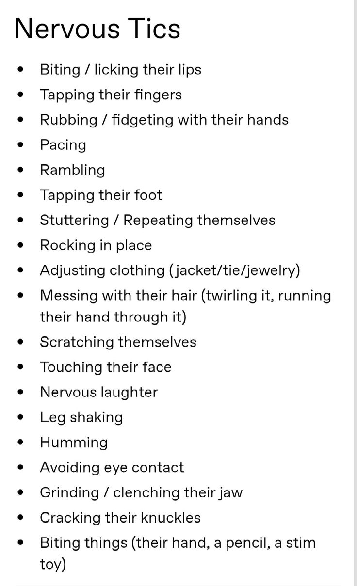 A list of nervous habits and tics for writing character traits How To Write A Nervous Character, Character Traits For Writers, List Of Fears For Characters, Cute Character Traits, Character Writing Inspiration, Character Nervous Ticks, Tips For Writing Dialogue, Character Attributes List, How To Make Characters Writing Tips