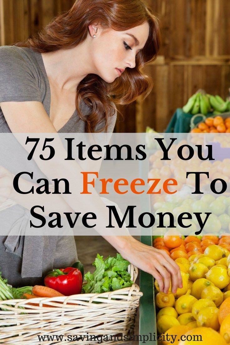 a woman standing in front of a pile of fruits and vegetables with the words 75 items you can freeze to save money