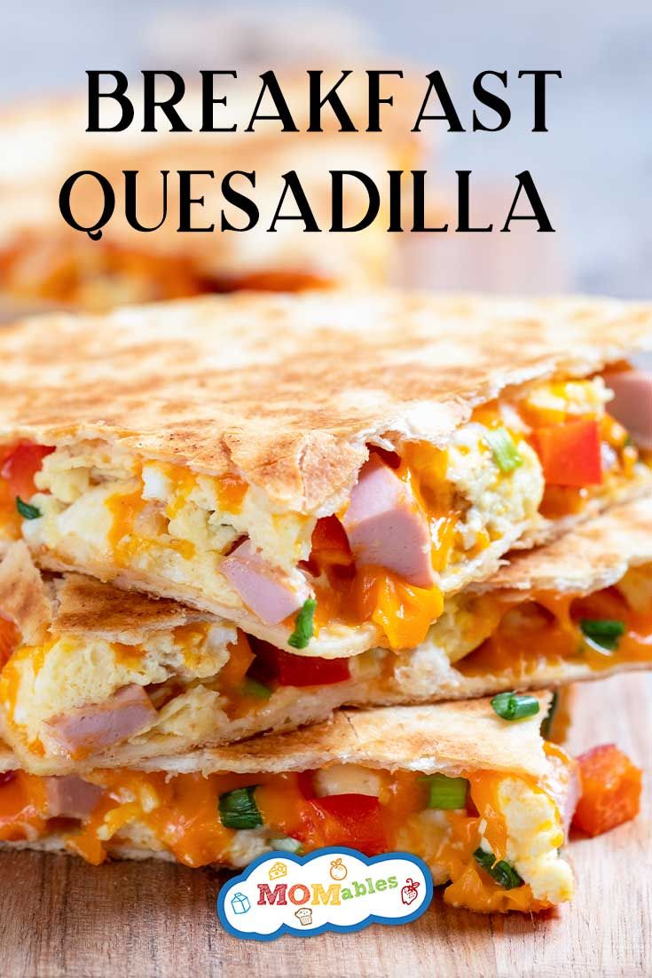 the breakfast quesadilla is cut in half and stacked on top of each other