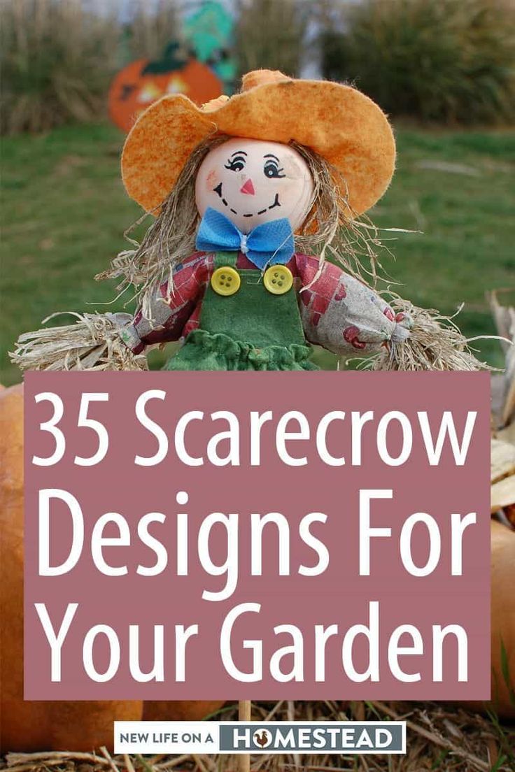 scarecrow sitting in hay with text overlay that reads 35 scarecrow designs for your garden