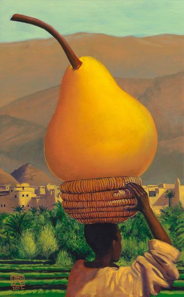 a painting of a woman carrying a large pear on her head in front of mountains