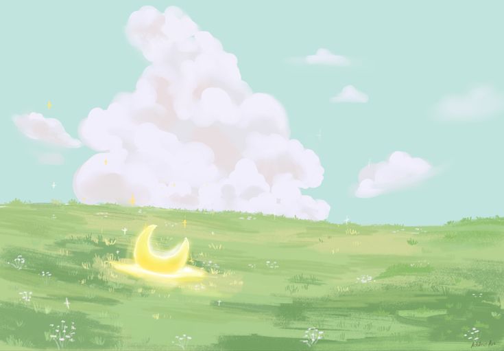 a painting of a yellow moon in the middle of a green field with white clouds