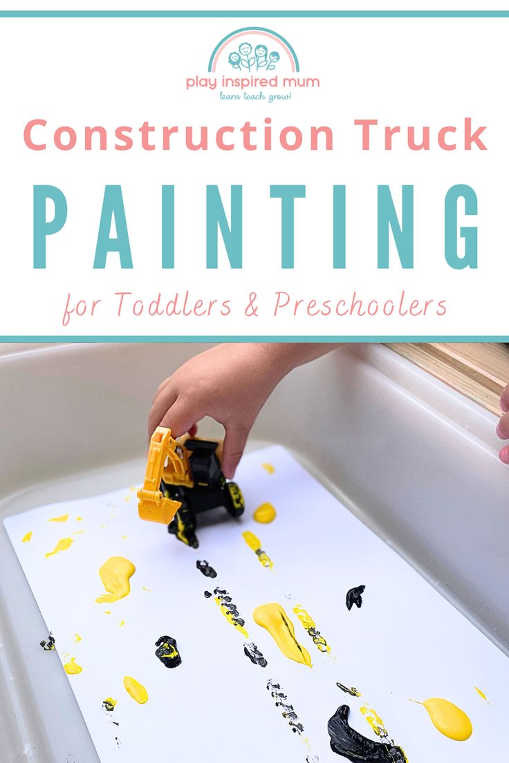 Toddler holding construction truck in yellow and black paint on white paper in a white plastic tub Construction Truck Activities Preschool, Dump Truck Activities For Preschool, Construction Theme Sensory Bin, Construction Messy Play, Digger Activities, Eyfs Construction Activities, Construction Art For Preschool, Preschool Construction Theme Art, Construction Week Preschool Crafts