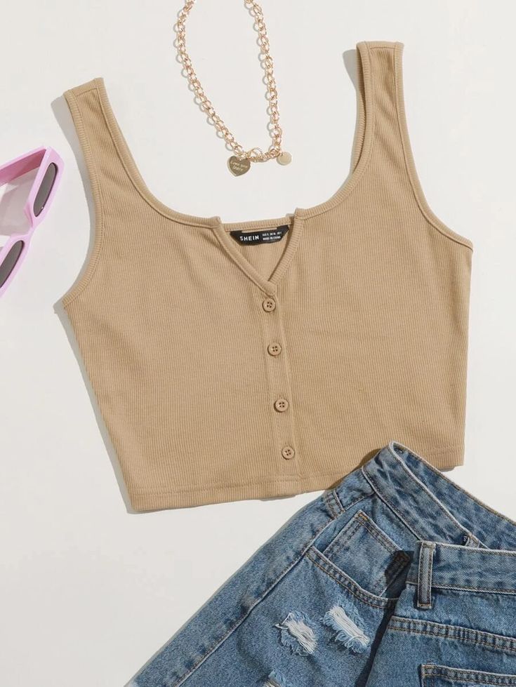 Notch Neck Button Front Tank Top | SHEIN USA Tank Top Outfits, Cute Tank Tops, Women Tank Tops, Crop Top Outfits, Cute Crop Tops, Fashion Design Clothes, Really Cute Outfits, Girls Fashion Clothes, Teenage Fashion Outfits