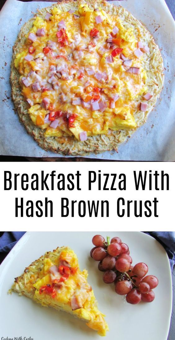 breakfast pizza with hashbrown crust and fresh grapes on the side, topped with bacon