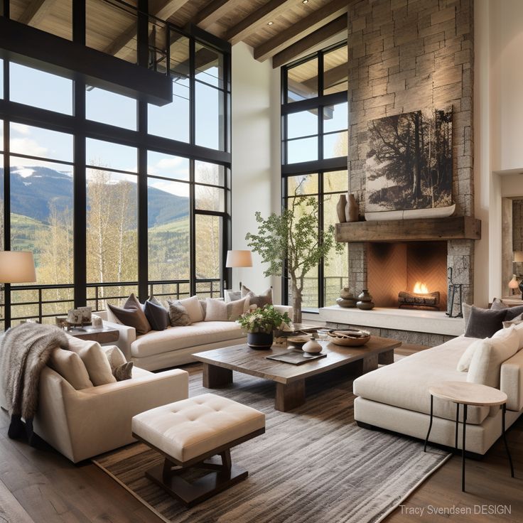 a living room filled with furniture and a fire place in the middle of a room