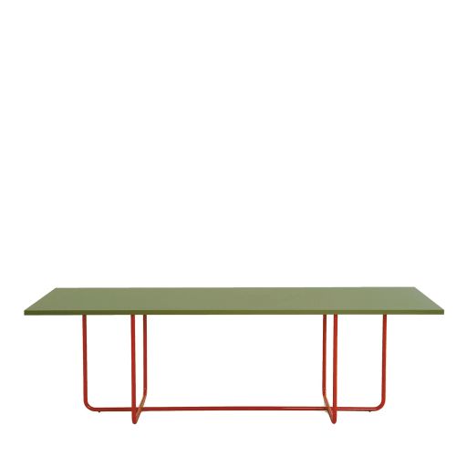 a green table with red legs on a white background