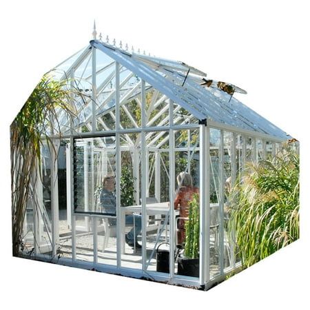 a white greenhouse with two people inside and plants in the back ground, on a white background