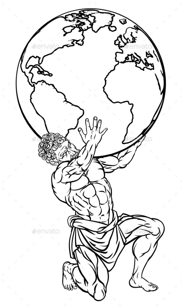 a man carrying the world on his shoulders - people characters illustrations, black and white