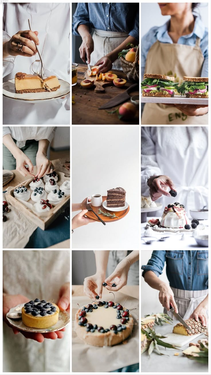 a collage of photos showing different types of cakes and desserts being served to people