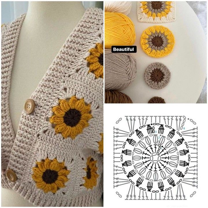 crocheted sunflowers are on display next to yarn