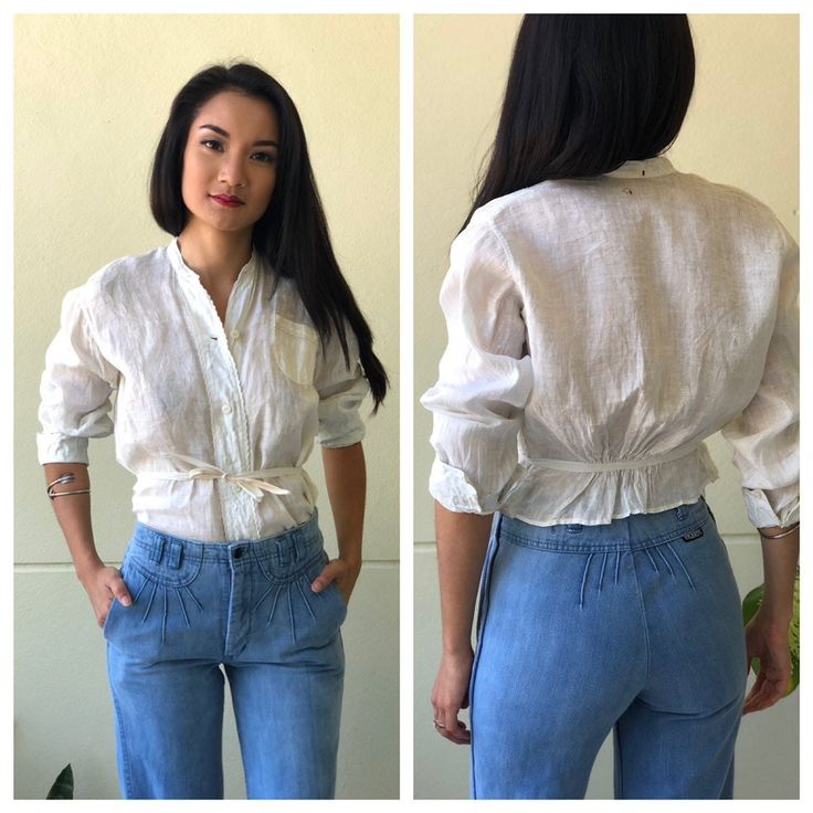 two pictures of a woman wearing jeans and a white shirt, with her hands on her hips