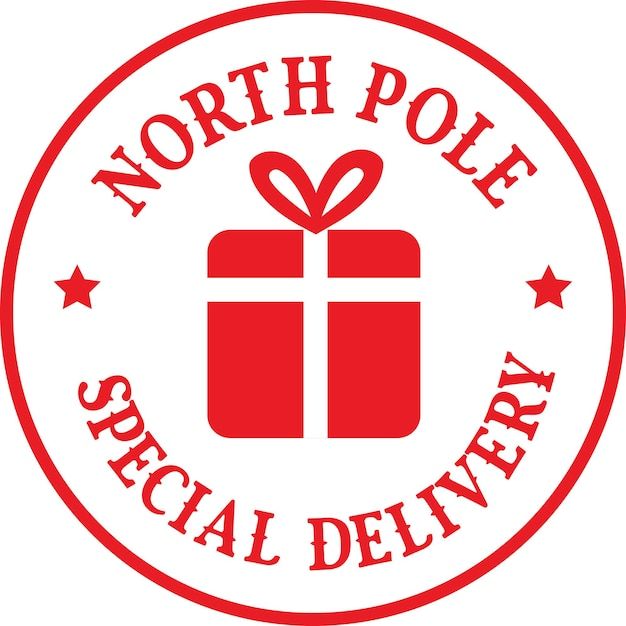 the north pole special delivery logo with a red gift box and stars around it on a white background