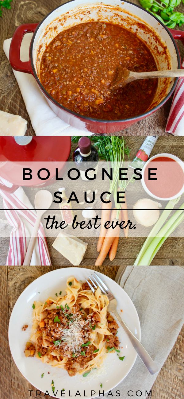 a bowl of bolognzoe sauce next to a plate of pasta and parmesan cheese