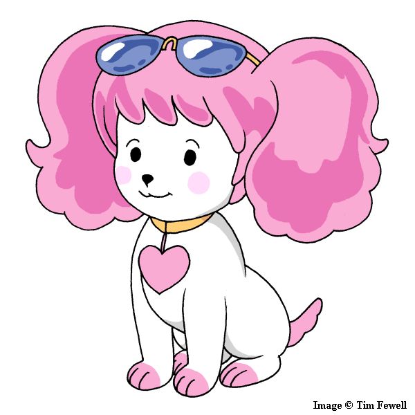 a cartoon dog with pink hair and heart shaped sunglasses on its head, sitting down