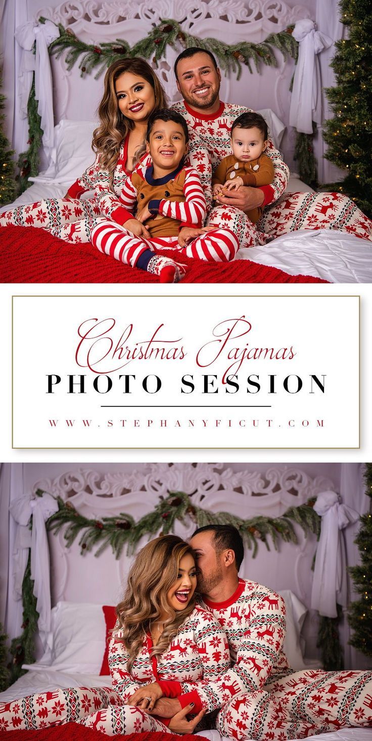 a man and woman in matching christmas pajamas are sitting on a bed with their children