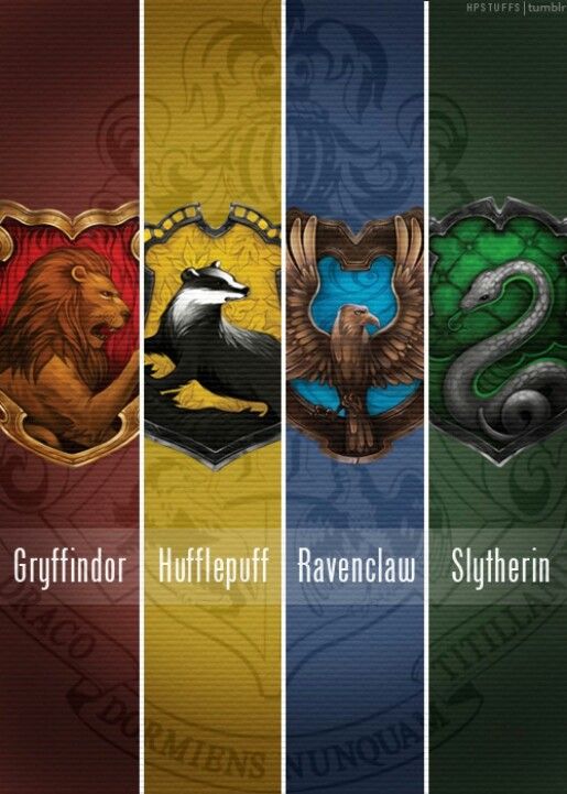 the four emblems for harry potter and sly's house are shown in different colors