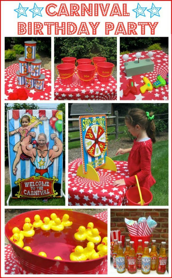 a carnival birthday party with red and white table cloths, yellow rubber ducky toys