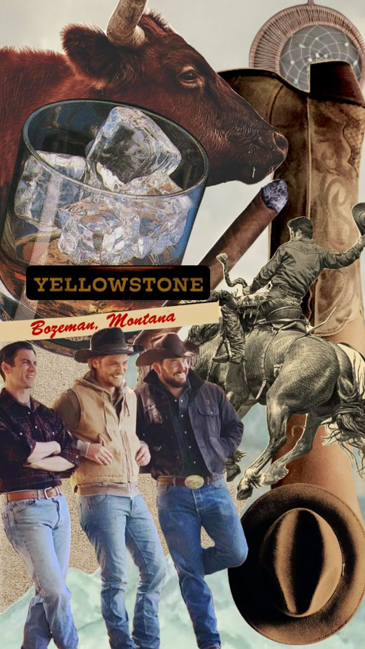 collage of cowboys, cowgirls, and cowboy hats with the words yellowstone on them