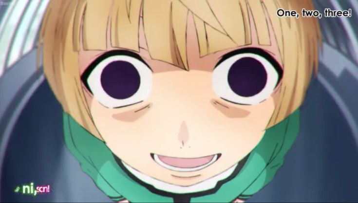 an anime character with big eyes and blonde hair smiling at the camera, text reads one two three