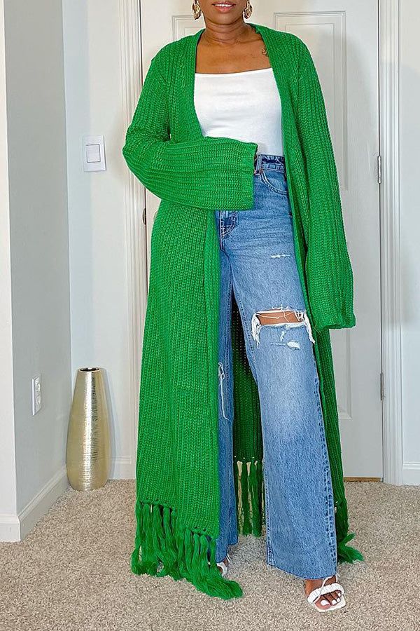 One Size Fringe Cardigan For Fall, Fringe Knit Outerwear With Long Sleeves, Knit Long Sleeve Outerwear With Fringe, Long Sleeve Knit Outerwear With Fringe, Long Fall Outerwear With Tassels, Oversized Spring Outerwear With Tassels, Oversized Tassel Outerwear For Spring, Casual Long Sleeve Outerwear With Tassels, Oversized Fringe Cardigan For Fall