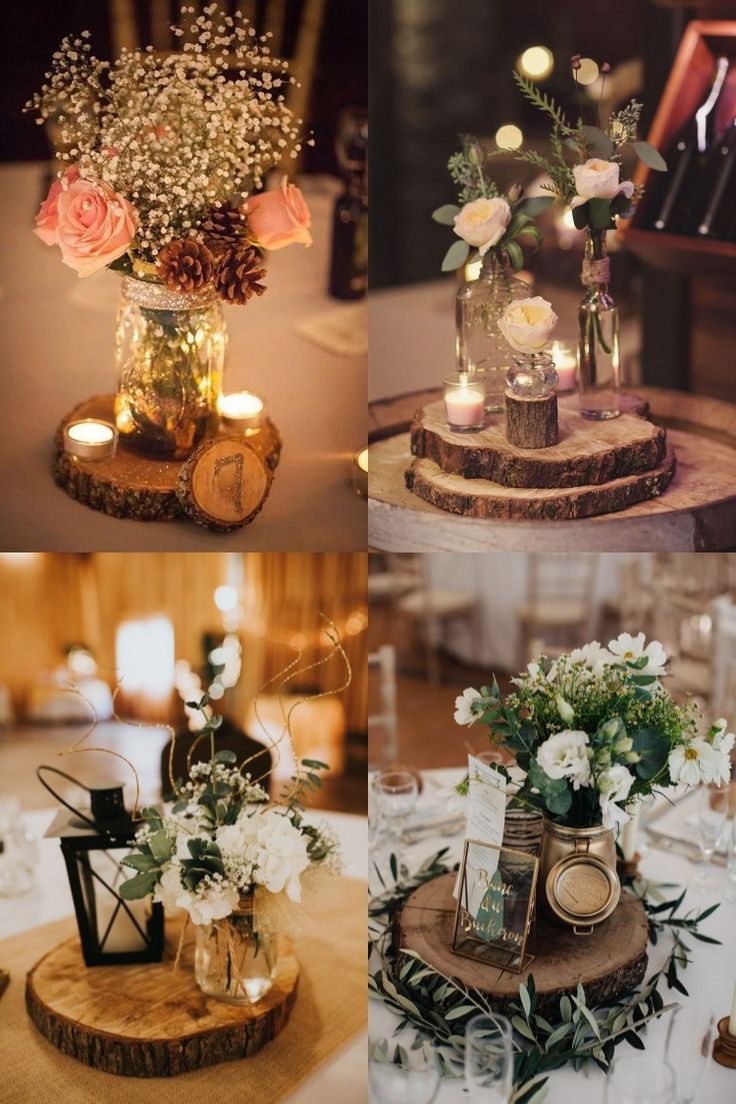 wedding centerpieces with candles and flowers in mason jar vases on wood slices