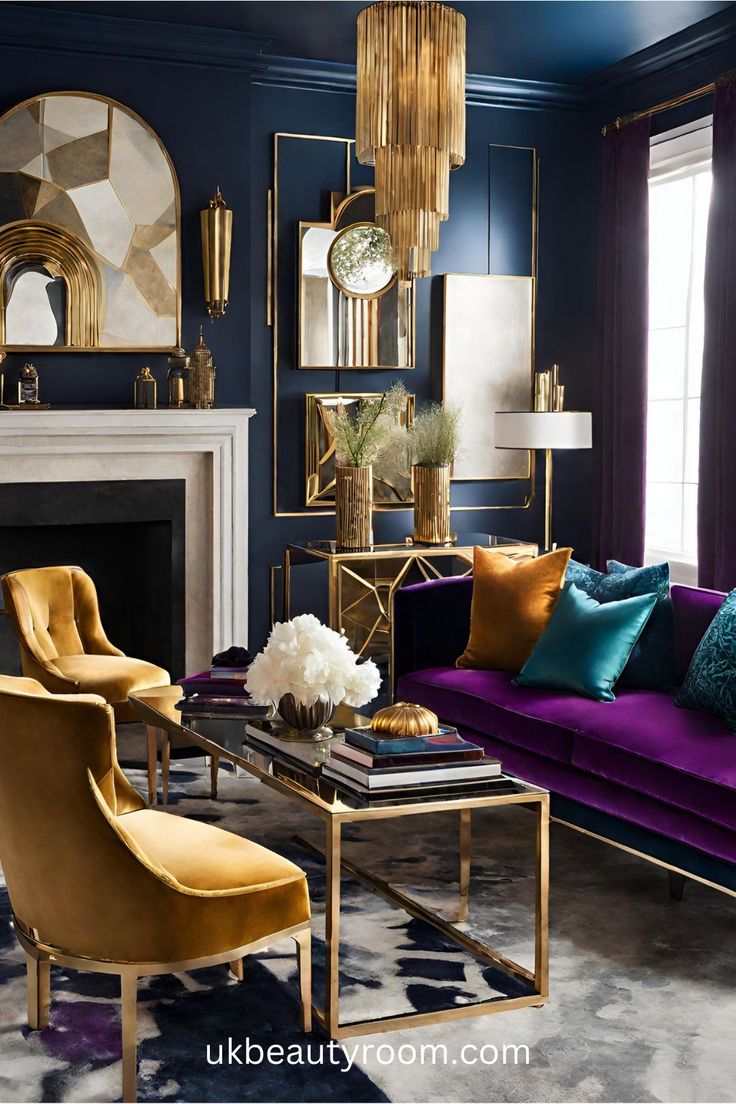 a living room filled with purple couches and gold accents in front of a fire place