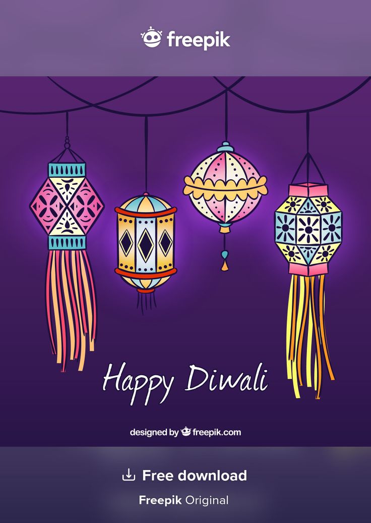 happy diwali with lanterns hanging from strings