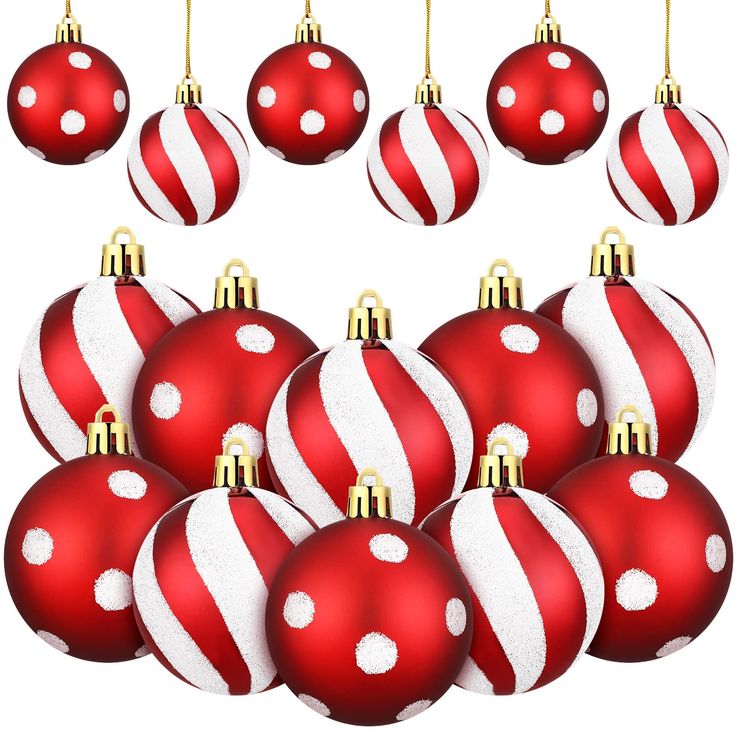 a bunch of red and white christmas ornaments