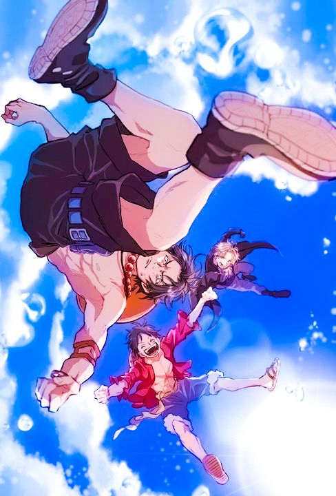 three anime characters are flying through the air