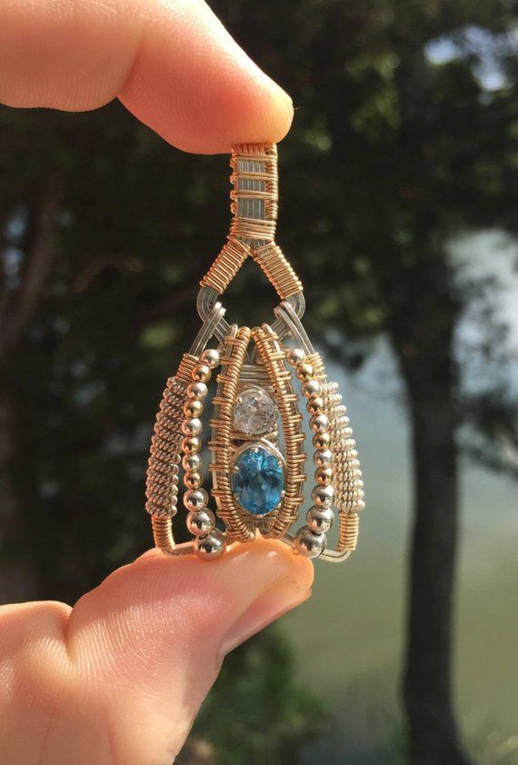 Wire Wrapped Pendant (Thai Swiss Blue Topaz, Indian White Topaz) Argentium Silver and 14 karat yello Og Kush, Metal Jewellery, Beaded Art, Williamsburg Va, Wrap Jewelry, Stone Wrapping, Wire Pendant, Handmade Wire Jewelry, Wire Weaving