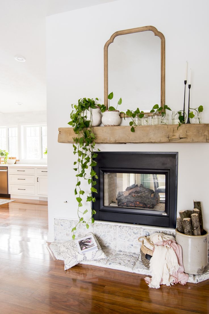 a living room filled with furniture and a fire place covered in potted greenery