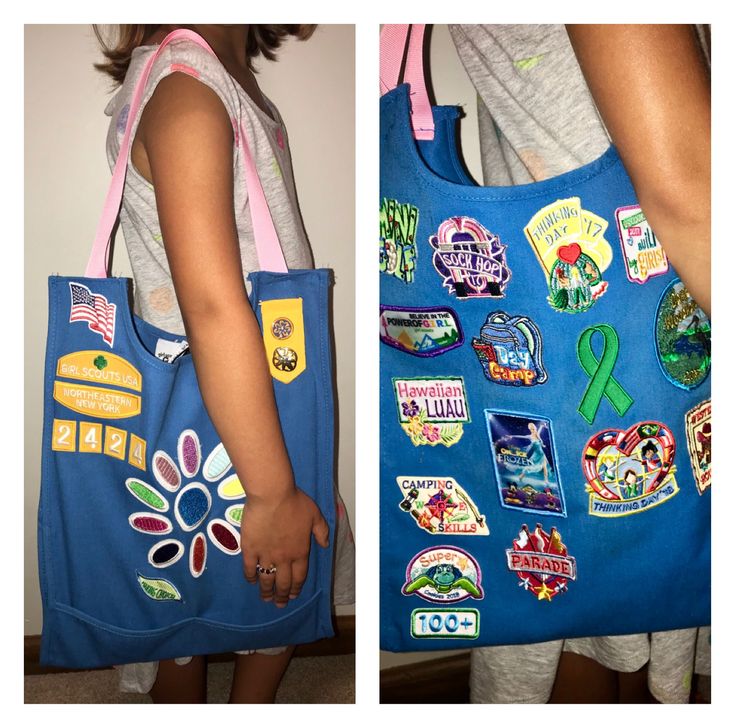 two pictures side by side one has a blue bag and the other has stickers on it