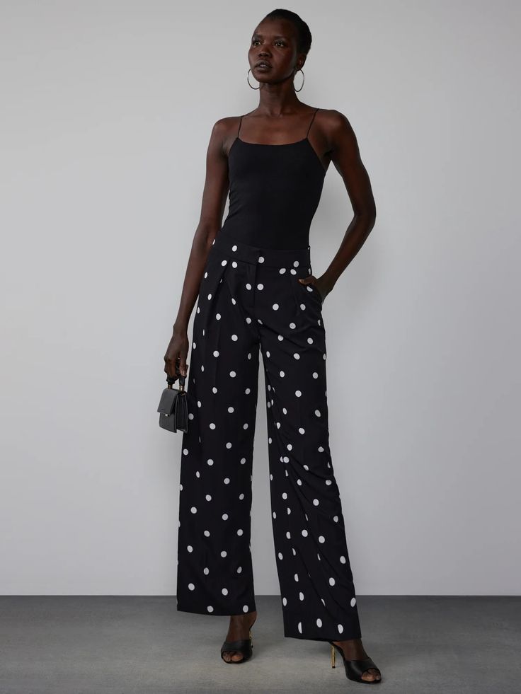 Polka Dot Wide Leg Pant | NY&Co Spring Polka Dot Cotton Pants, Polka Dot Cotton Bottoms With Pockets, Polka Dot Wide Leg Bottoms With Pockets, Spring Polka Dot Bottoms With Pockets, Chic Polka Dot Summer Bottoms, Chic Polka Dot Bottoms For Spring, Polka Dot Fitted Bottoms For Workwear, Polka Dot Fitted Bottoms For Work, Chic High Waist Polka Dot Bottoms